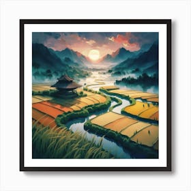 Beautiful views of rice fields, close to the river and surrounded by mountains, 8 Art Print