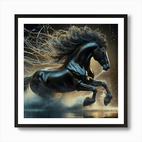 Black Horse Running In Water 1 Art Print