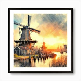 Sketching Amsterdam S Windmills At Sunset, Capturing The Essence Of Dutch Life Style Windmill Sunset Impressionism (1) Art Print