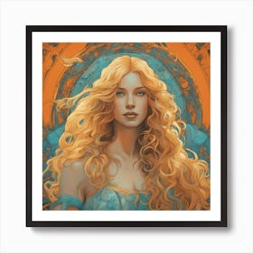 An Illustration Of A Woman In Costume With Long Curly Blonde Hair, In The Style Of Neon Art Nouvea (4) Art Print