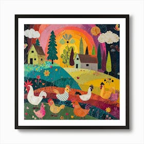 Kitsch Chickens On The Farm Mixed Media Painting Art Print