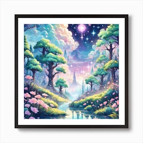 A Fantasy Forest With Twinkling Stars In Pastel Tone Square Composition 101 Art Print