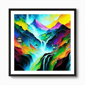 Abstract art stained glass art of a mountain village in watercolor 8 Art Print