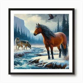 Beautiful Horse In Stream With Wolves 4 Art Print