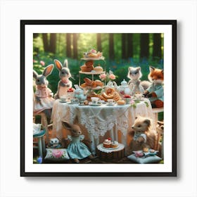 Woodland Tea Party Wall Print Art A Delightful Scene Of Woodland Animals Enjoying A Tea Party, Perfect For Adding A Touch Of Whimsy To Any Room Art Print