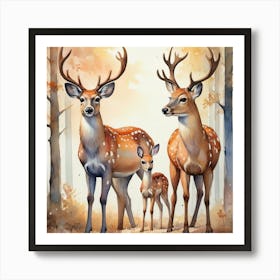 Family Of Deer Watercolor Wildlife Art Print