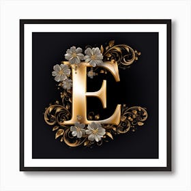 Gold Letter E With Flowers Art Print