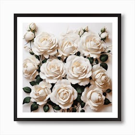 a bunch of white roses with green leaves, a photorealistic painting by Jeka Kemp, trending on pinterest, generative art, made of flowers, detailed painting, rococo Art Print