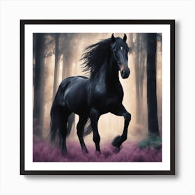 Black Horse In The Forest Art Print