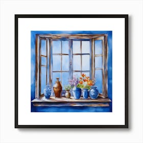 Blue wall. Open window. From inside an old-style room. Silver in the middle. There are several small pottery jars next to the window. There are flowers in the jars Spring oil colors. Wall painting.8 Art Print
