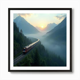 High Speed Train Passing Through Misty Mountain Valleys At Dawn 1 Art Print