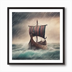 Viking Ship In Stormy Sea Art Print