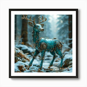 Whimsical Teal Hued Robotic Deer Composed Of Ceramic And Metal With Robot Like Features Frolicking I Art Print