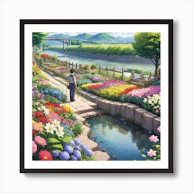 A Man Walks In A Flower Garden and Seeing a River  Art Print