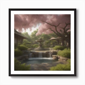 A water flowing fountain in the foreground of the picture, sparkling in the sunlight, beautifully shaped decorative stone arrangements by the water fountain, A Japanese xen inspired garden with... Art Print