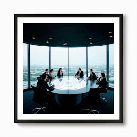 Business Team In Mid Strategizing Session Seated Around A Sleek Oval Glass Table Reflecting Ambien 2 1 Art Print