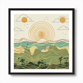 Straight and broken flowing lines and tree shapes, gold, sage, orange, lemon and brown calligraphy drawing in the form of a tropical ocean. Art Print