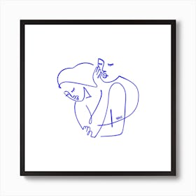 Couple In Blue Square Line Art Print