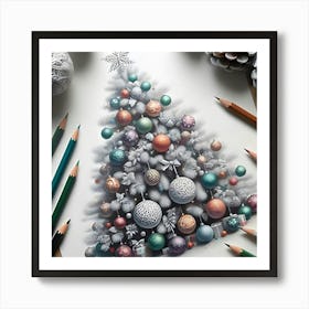 A Pencil Drawing Of A White Christmas Tree With Different Colorful Ornaments Decorated With 2 Art Print