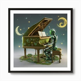 Green Robot Playing A Piano Art Print
