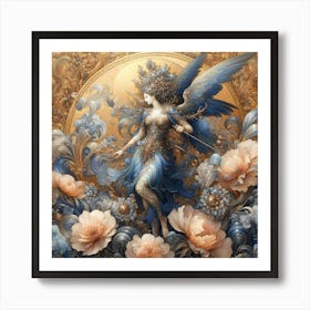 Angel Beauty In Flowers And Gold Creative Detail Drawing 1 Art Print