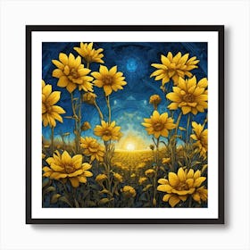 Yellow Flowers In Field With Blue Sky Centered Symmetry Painted Intricate Volumetric Lighting (5) Art Print