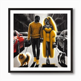Couple Walking Dogs Art Print