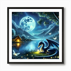 Serene Lake By Moonlight With A Friendly Dragon And Glowing Trees Art Print