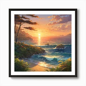 Serene Sunset Over a Coastal Landscape With Lush Vegetation and Crashing Waves Affiche