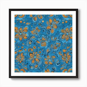 Blue And Orange Flowers Art Print