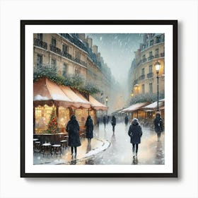 Paris cafes, winter season, Christmas, pale colors, pedestrians in the street, winter clothes, falling snow.14 Art Print