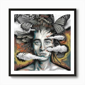 Woman With Butterflies On Her Head Art Print