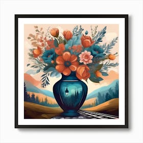 Flower Vase Decorated with Train Station, Blue and Orange Art Print