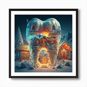 , a house in the shape of giant teeth made of crystal with neon lights and various flowers 13 Art Print