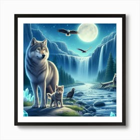 Wolf on the Mushroom Crystal Riverbank with Cubs and Eagles Art Print