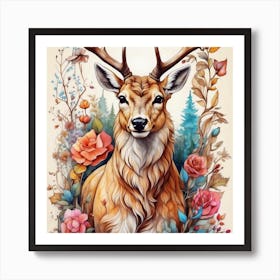 Deer With Roses, wall art, painting design Art Print