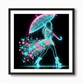 Neon Girl With Umbrella Art Print