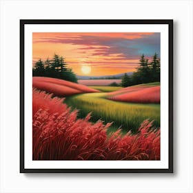 A serene and vibrant landscape depicting a lush green field swaying gently in the morning breeze Art Print