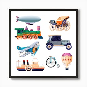 Retro Means Of Transport Train And Air Balloon Art Print