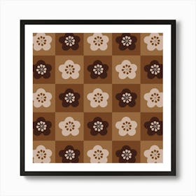 SAKURA CHECKERBOARD Japanese Cherry Blossom Flowers Geometric Checkered Grid in Brown Beige Tan Earth Tones Art Print