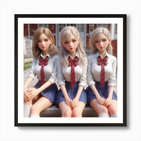 Three Girls In School Uniforms Art Print