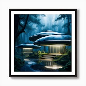 Forest Night Rain Interior Lit Entrances To Alien Spaceship Corridors Fumes From Outdoor Air Con Art Print