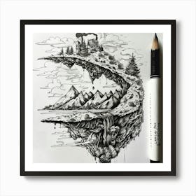 Island In The Sky Hand Drawn Sketch Art Print