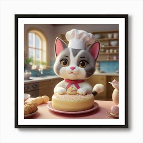 Cat In The Chef Hat in Kitchen Art Print