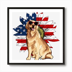 Trending Golden Retriever Sunflower American Flag 4th Art Print