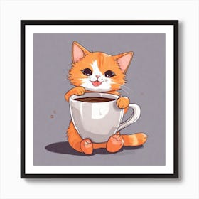 Cute Orange Kitten Loves Coffee Square Composition 20 Art Print