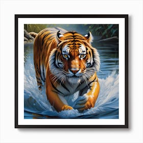 National Geographic Realistic Illustration Tigrer With Stunning Scene In Water Art Print