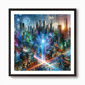 The Digital Era, Depicting A City Skyline Infused With Digital Elements Art Print