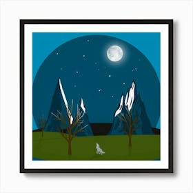 Graphic Mountains Snow Wolf Moon Nature Wilderness Stars Howling Blue Art Print