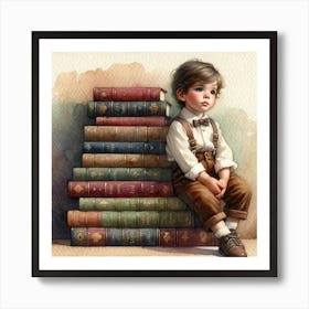 Little Boy Reading Books 1 Art Print